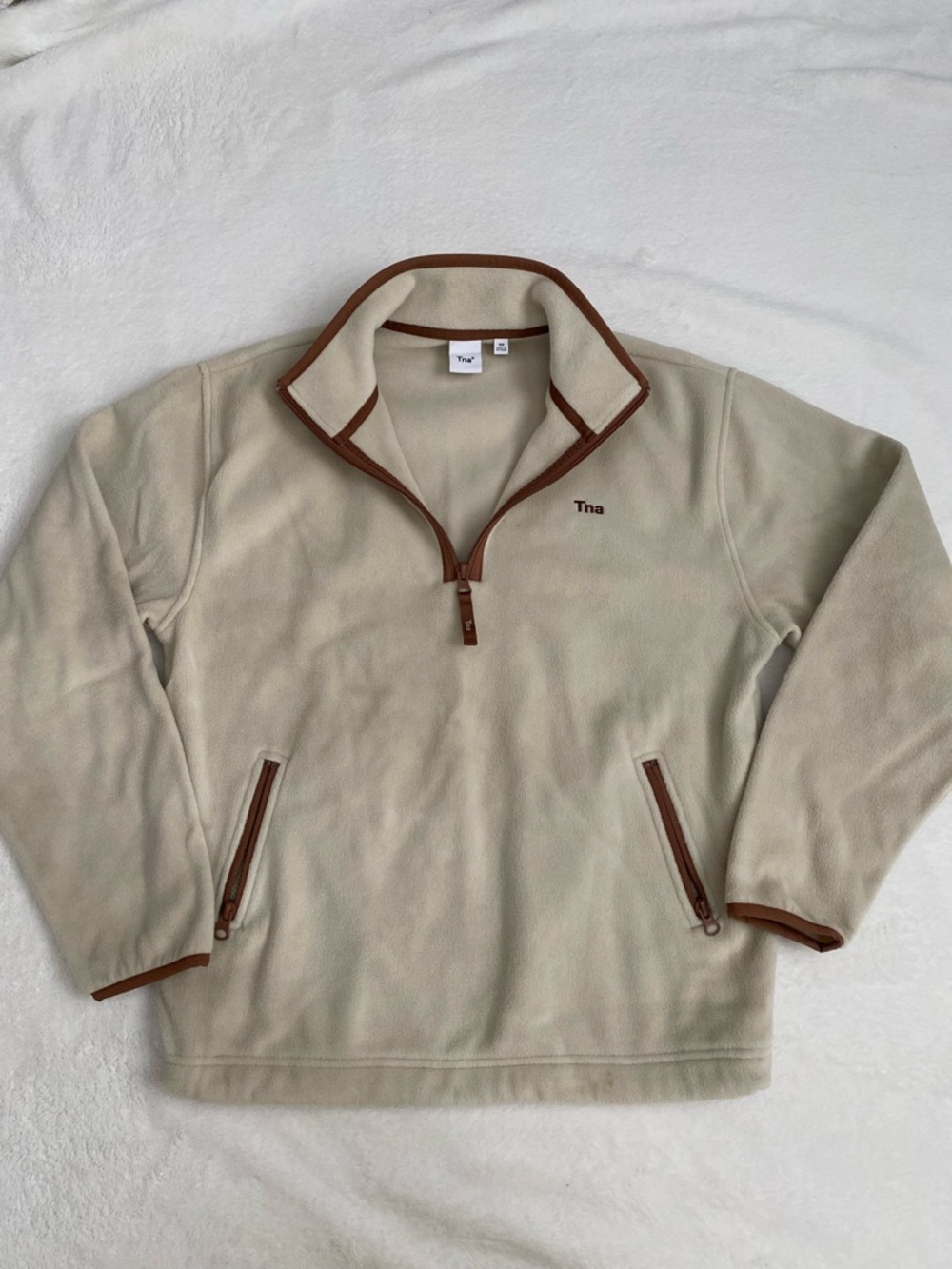 TNA Cream Quarter-Zip Fleece Pullover with Brown Trim
